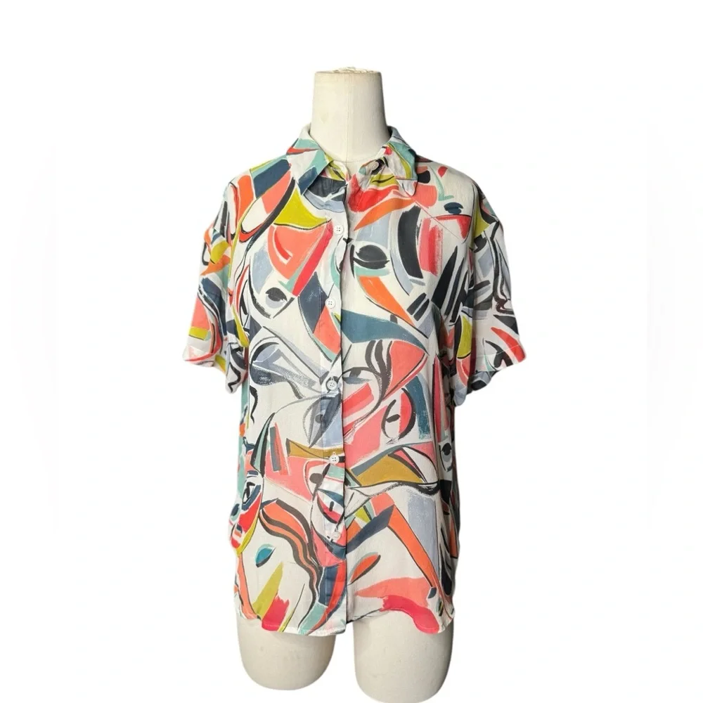 Lafayette 148 New York Abstract Print Silk Button Front Blouse Size M - Picture 3 of 6